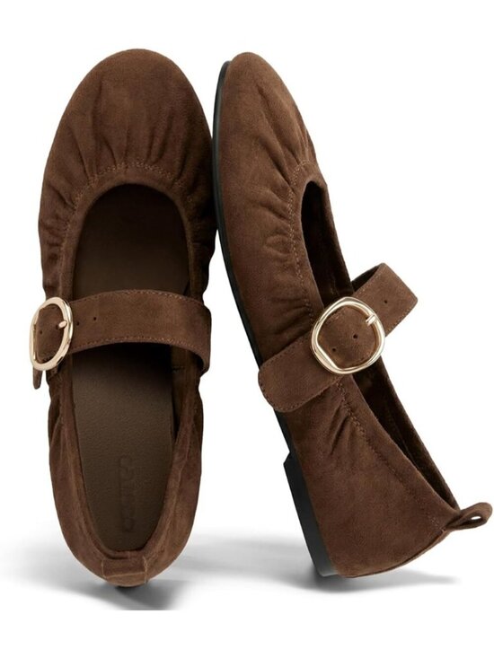 Shoes - Women's Dark Brown Faux Suede  Comfortable Slip On Ballet Ruched Round Toe Flats